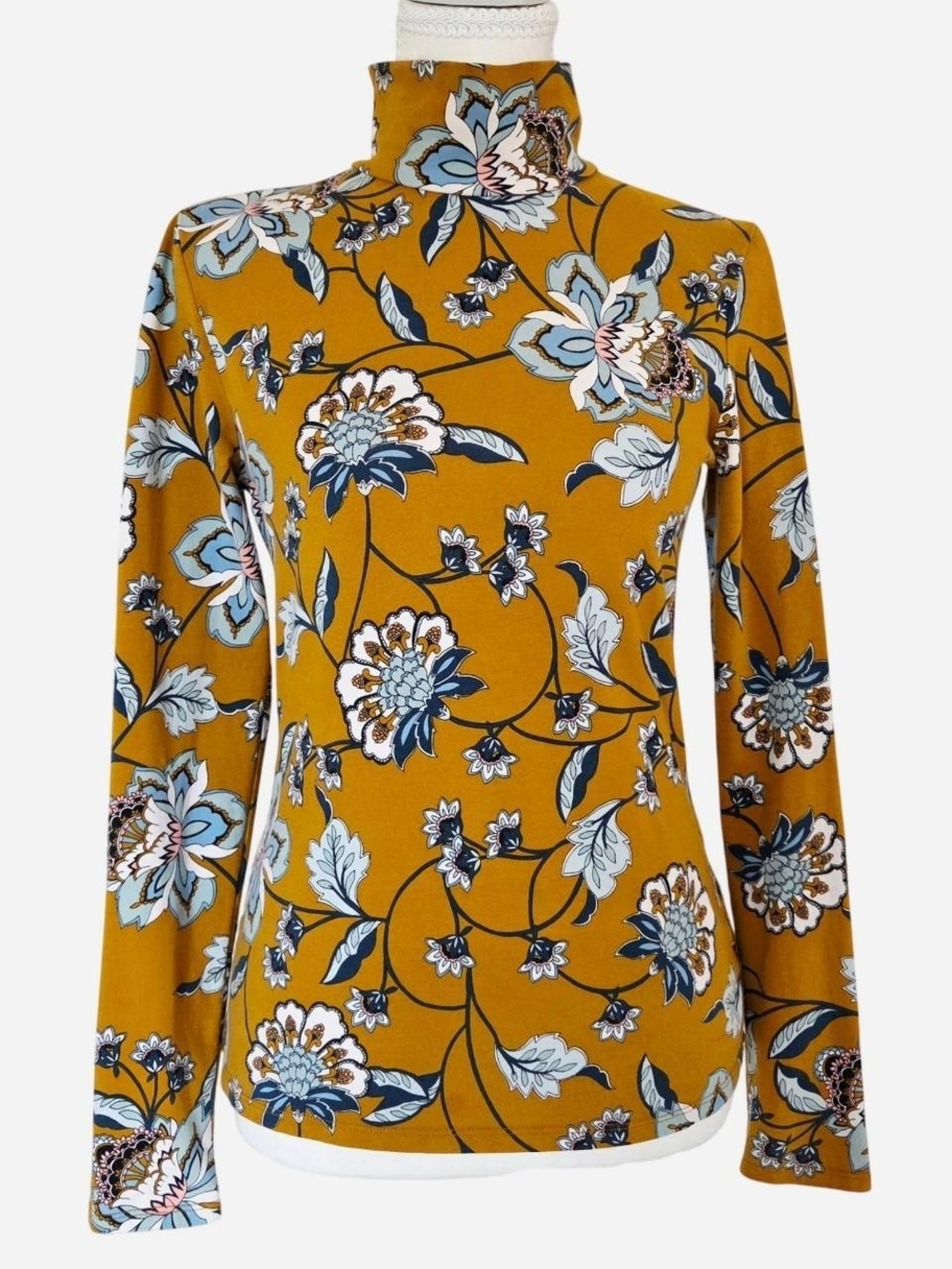 Anthropologie Maeve Boho Floral Turtleneck Long Sleeve Top Mustard Size S